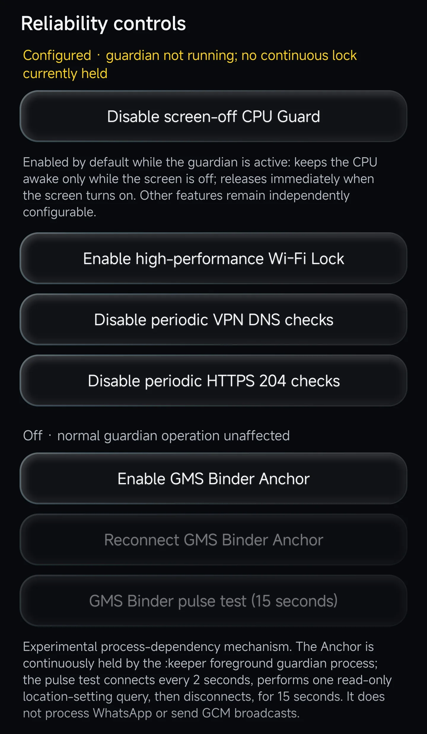 Luonnatar reliability controls for screen-off CPU Guard, high-performance Wi-Fi Lock, VPN DNS and HTTPS 204 checks, and GMS Binder Anchor.