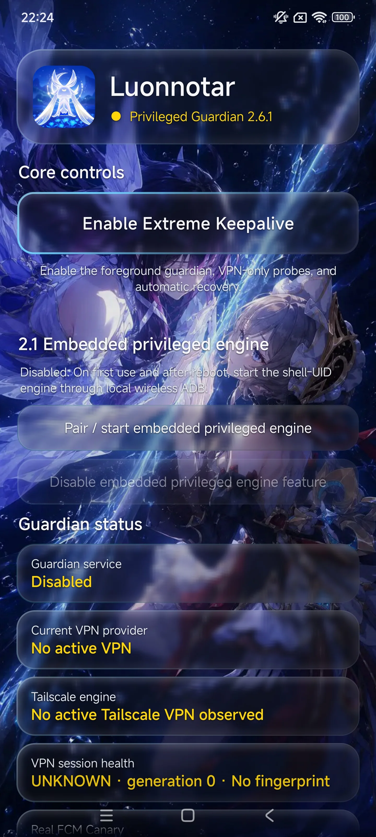 Luonnatar Privileged Guardian 2.6.1 showing the keepalive controls, guardian service, VPN provider, Tailscale state and VPN session health.