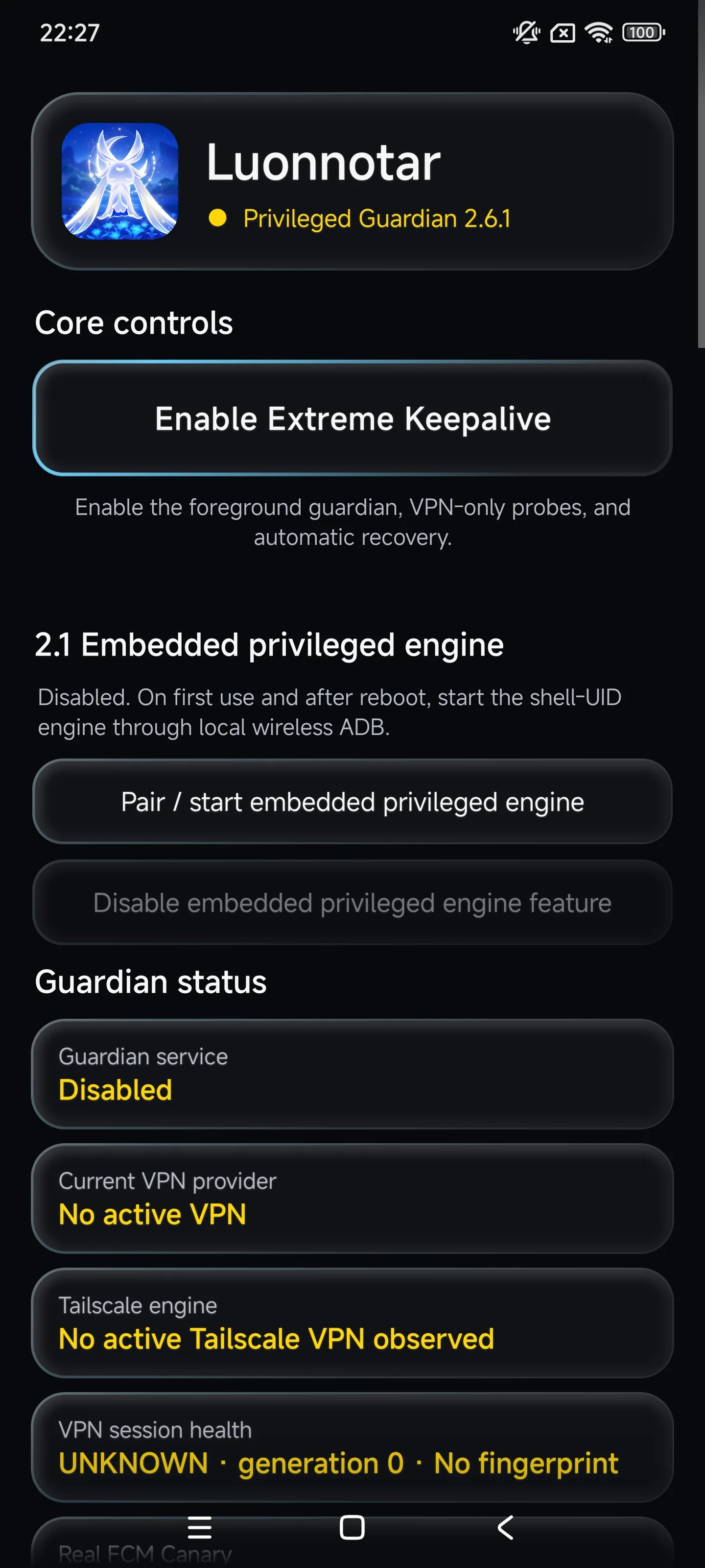 Luonnatar guardian status on the dark interface, showing the guardian service, VPN provider, Tailscale activity and session health.