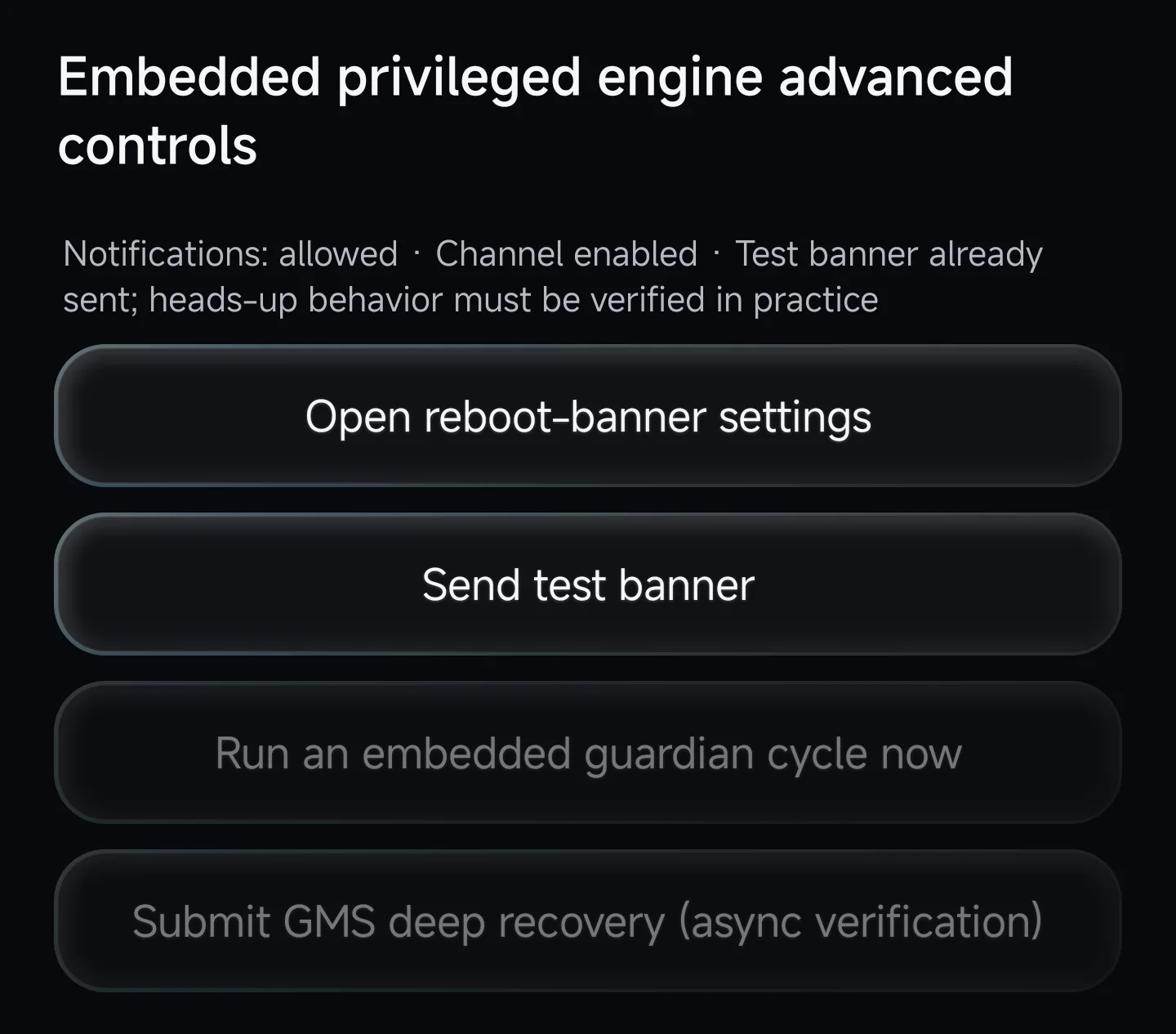 Luonnatar embedded privileged engine advanced controls, including reboot-banner settings, guard cycle execution and asynchronous GMS deep recovery.