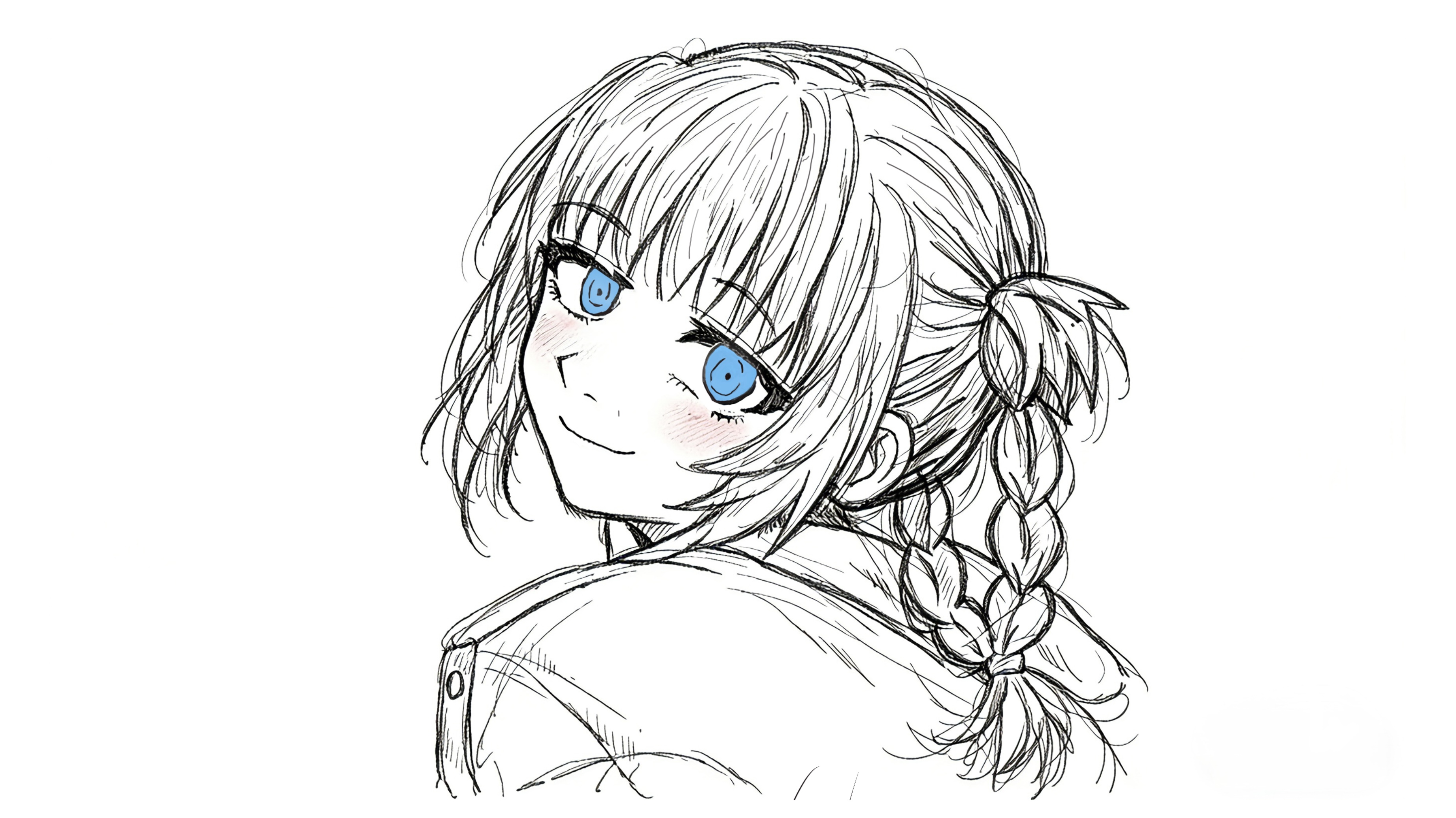 A black ink portrait with pale blue eyes and softly blushed cheeks.