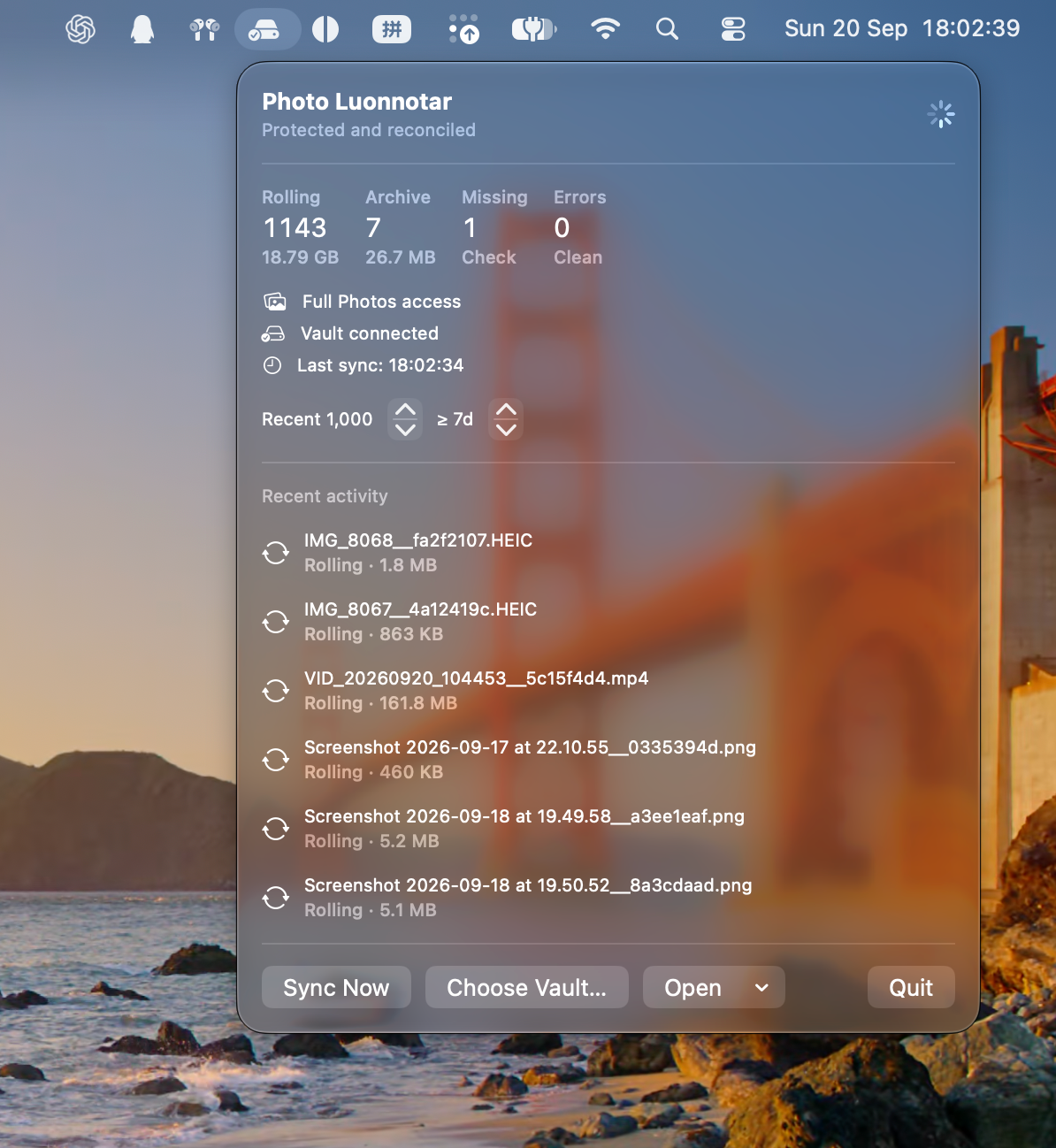 Photo Luonnotar macOS menu-bar status window showing Rolling, Archive, Missing, Errors, vault connection and recent activity.